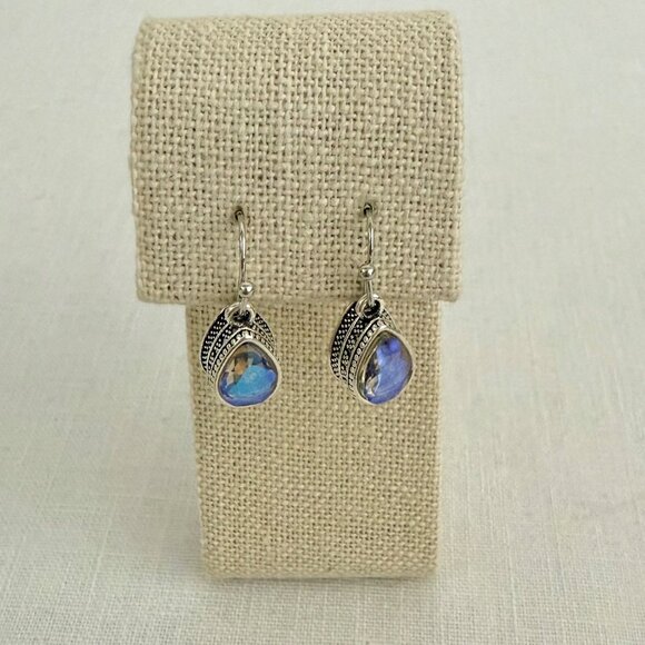 Iridescent Purple Teardrop Silver Plated Earrings Coquette Romantic Petite Glam - Picture 5 of 7